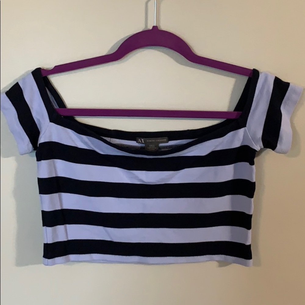 Armani Exchange Blue Striped Off-Shoulder Crop Top